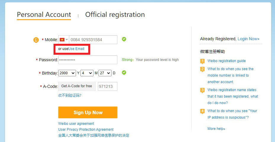 Đăng ký tài khoản Weibo bằng email