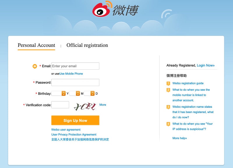 Đăng ký tài khoản Weibo bằng email